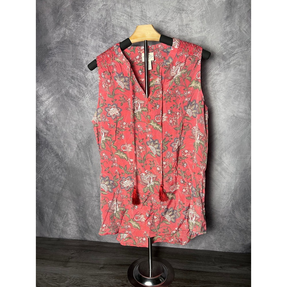 St. John's Bay Floral Coral Boho Sleeveless Blouse Tassel Tie Smocked Size Med